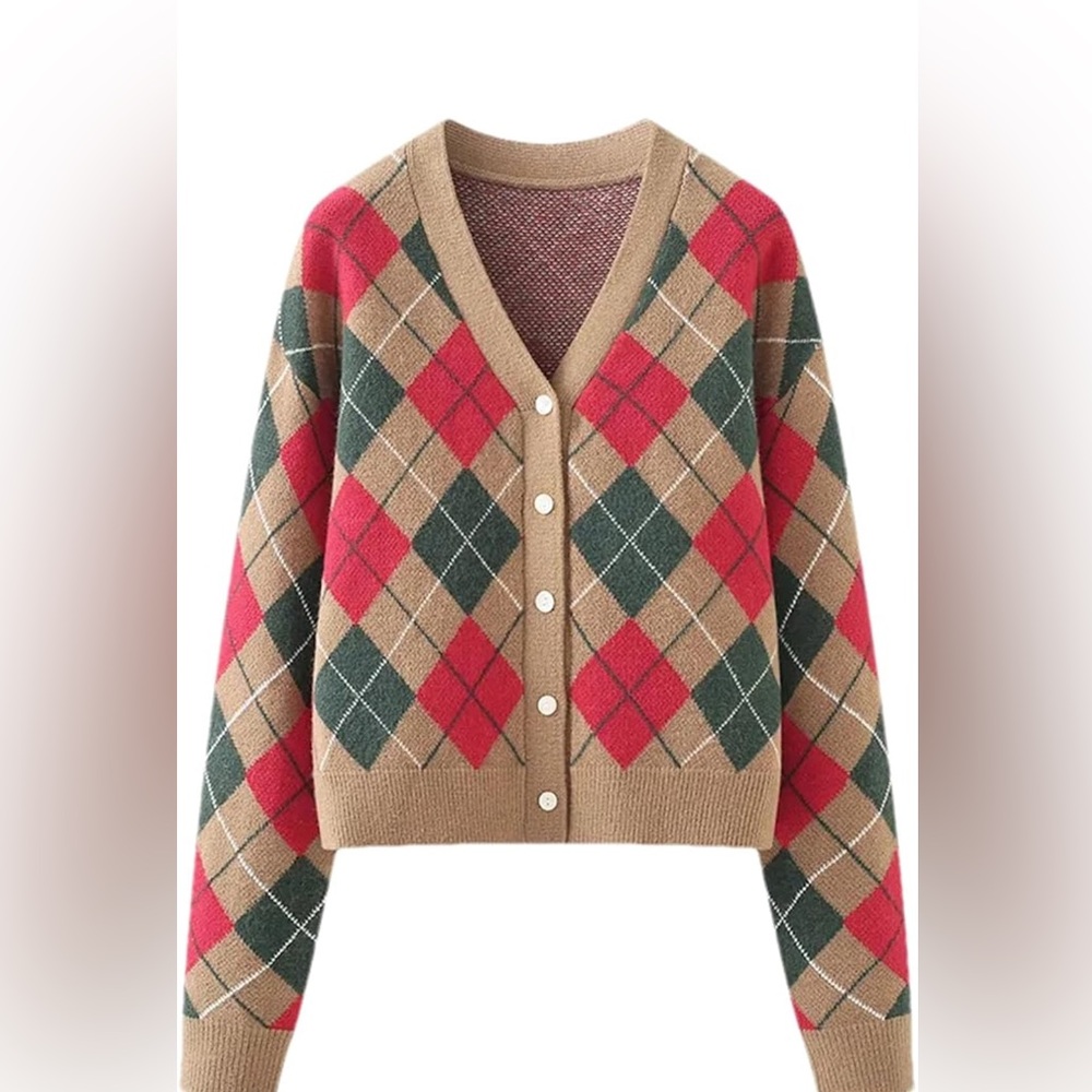 Wool/Cashmere Argyle Patterned Cardigan Sweater. New without tags